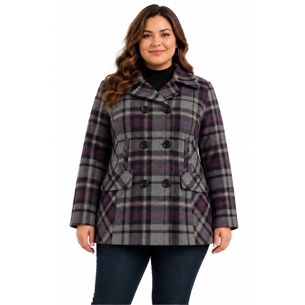 NORTHCREST Women's Plus Plaid Double-Breasted Peacoat Purple Gray Size 2X
